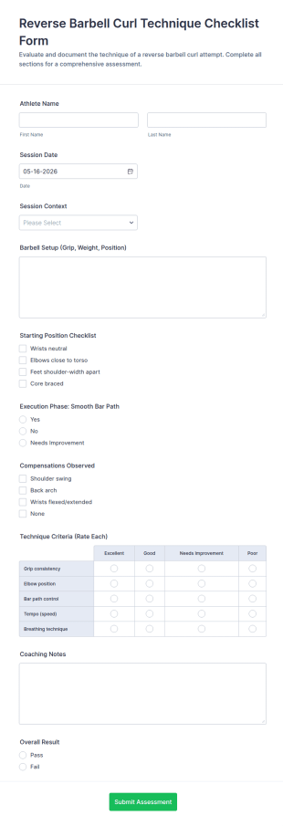 Reverse Barbell Curl Technique Checklist Form Template