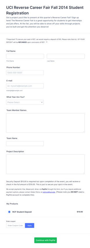 Reverse Career Fair Student Registration Form Template