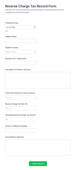 Reverse Charge Tax Record Form Template
