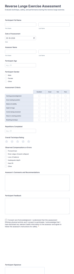 Reverse Lunge Exercise Assessment Form Template