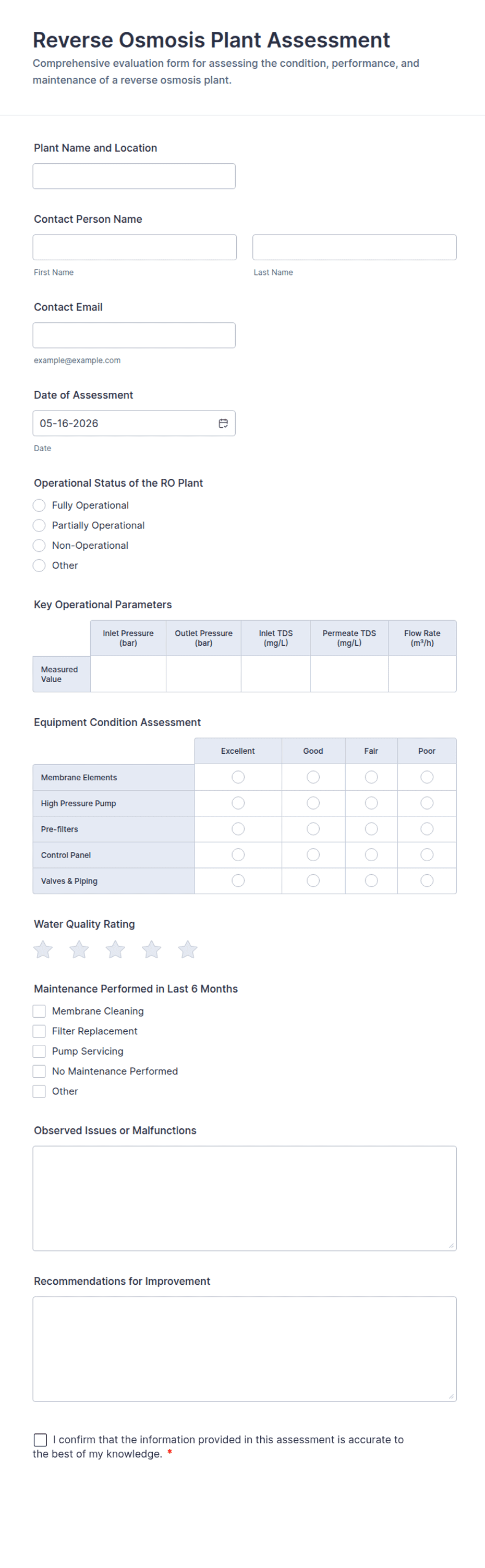 Reverse Osmosis Plant Assessment Form Template | Jotform