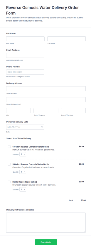Reverse Osmosis Water Delivery Order Form Template