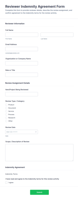 Reviewer Indemnity Agreement Form Template