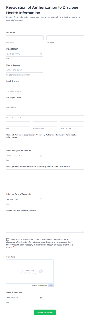 Revocation Of Authorization To Disclose Health Information Form Template