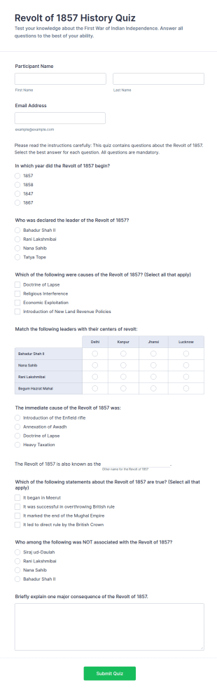 Revolt Of 1857 History Quiz Form Template