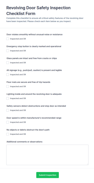 Revolving Door Safety Inspection Checklist Form Template