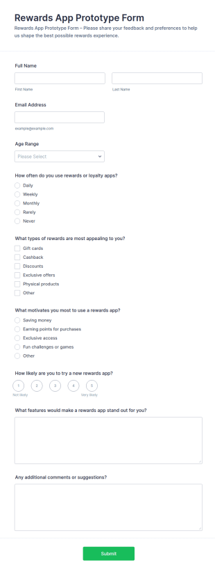 Rewards App Prototype Form Template