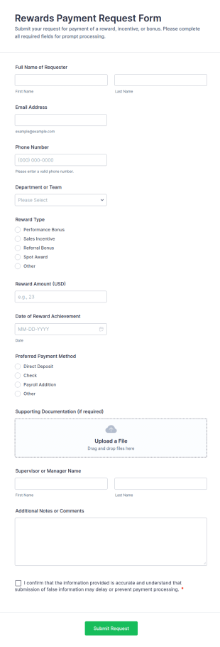 Rewards Payment Request Form Template