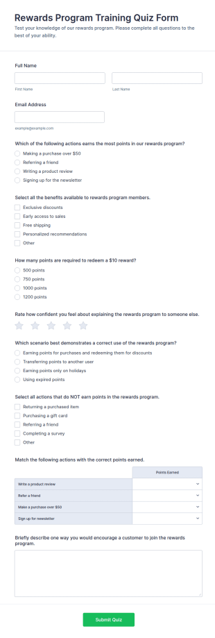 Rewards Program Training Quiz Form Template