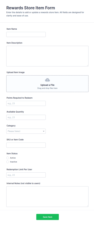 Rewards Store Item Form Template