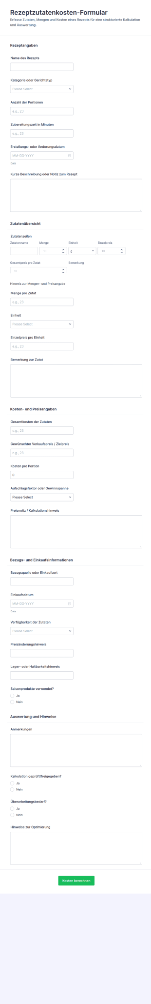 Rezeptzutaten Kostenbericht Formular
