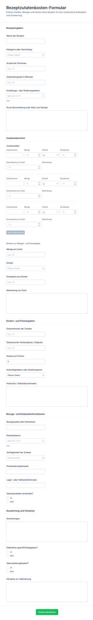 Rezeptzutaten Kostenbericht Formular