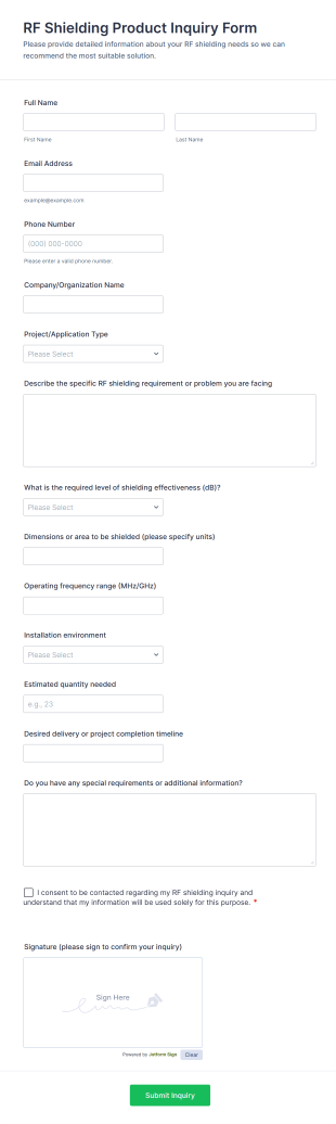 RF Shielding Product Inquiry Form Template