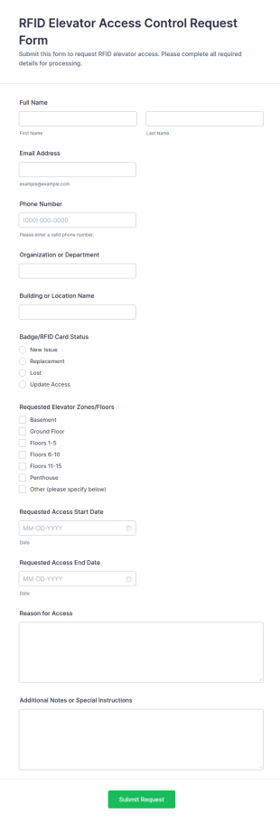 RFID Elevator Access Control Request Form Template