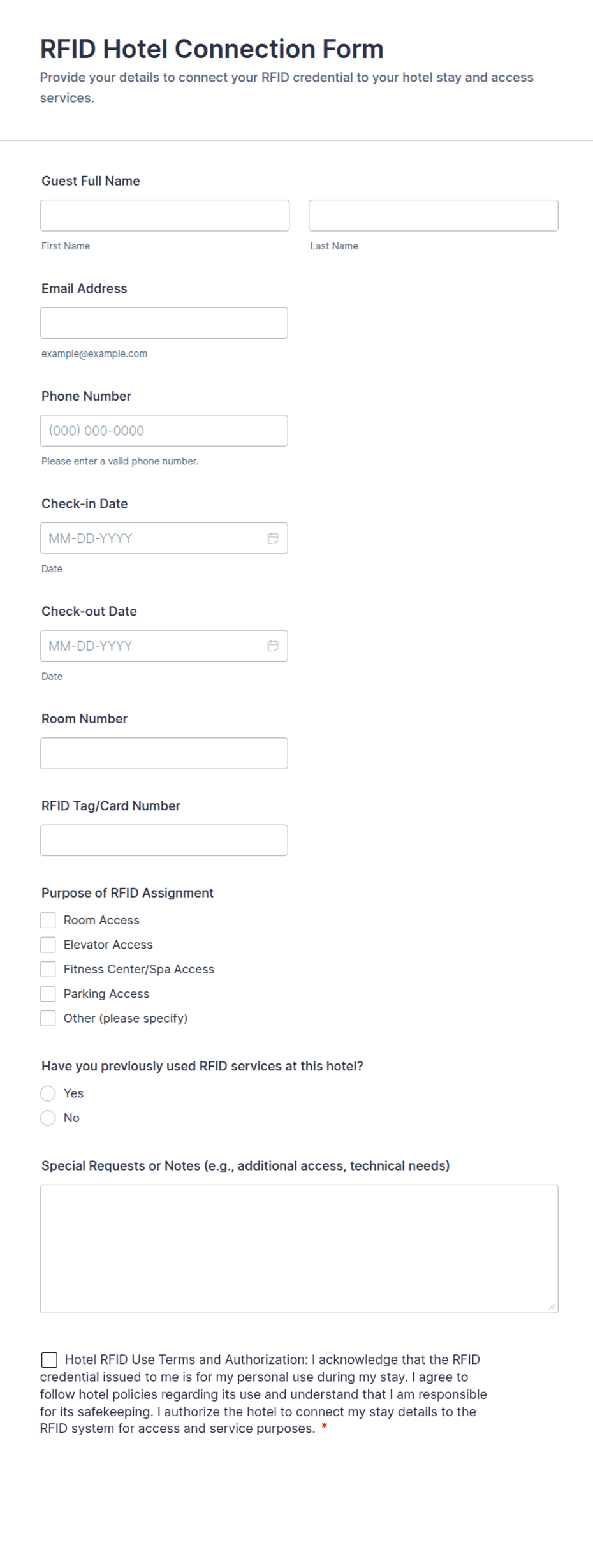 RFID Hotel Connection Form Template | Jotform