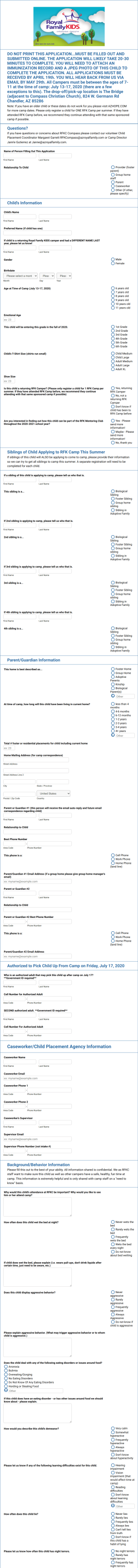 RFK Camper Registration 2020 Form Template