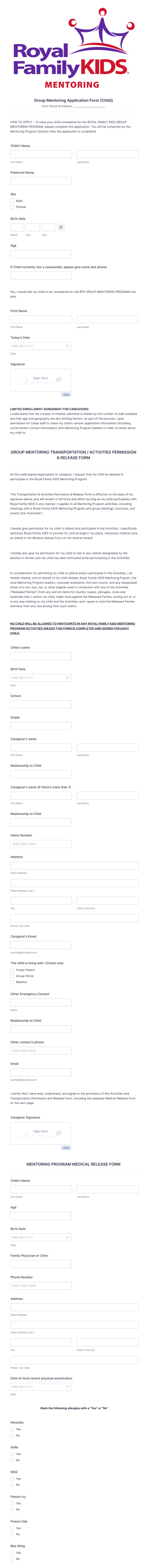 Group Mentoring Child Application Form Template