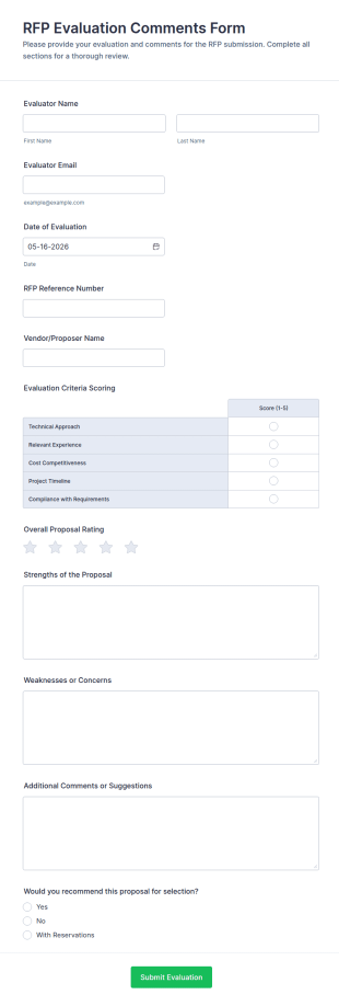 RFP Evaluation Comments Form Template