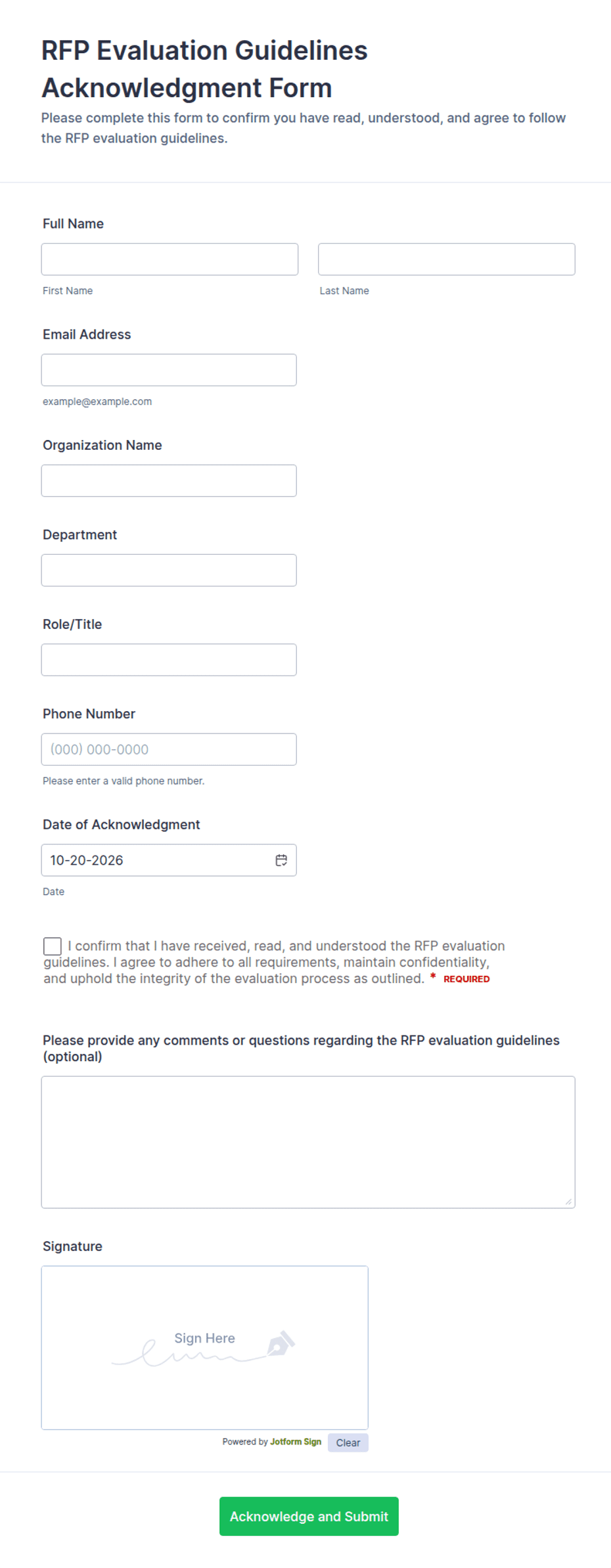RFP Evaluation Guidelines Acknowledgment Form Template | Jotform