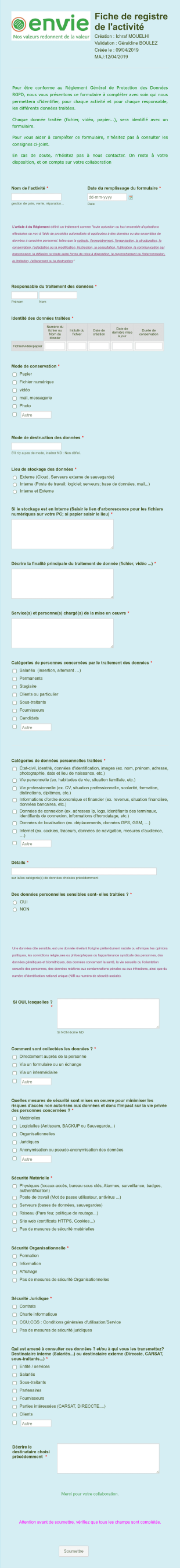 RGPD: Fiche De Registre De L'activité