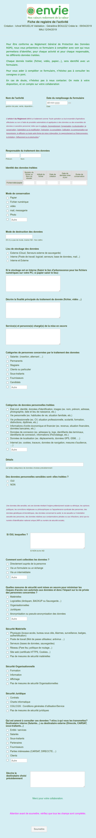 RGPD: Fiche De Registre De L'activité