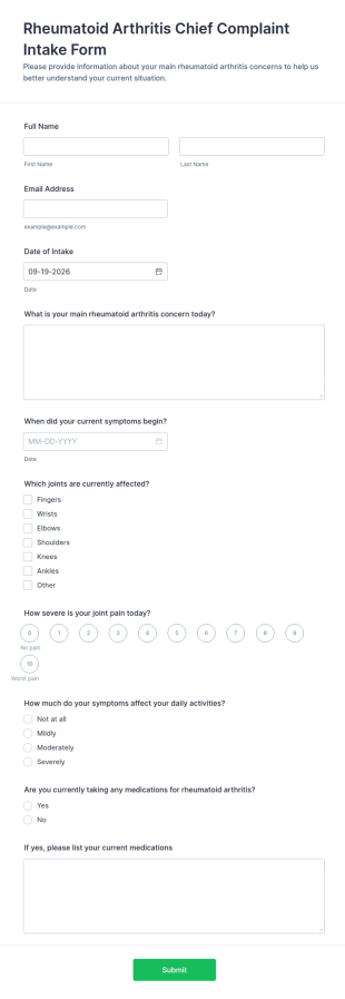 Rheumatoid Arthritis Chief Complaint Intake Form Template