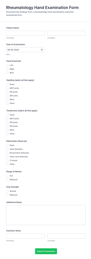 Rheumatology Hand Examination Form Template