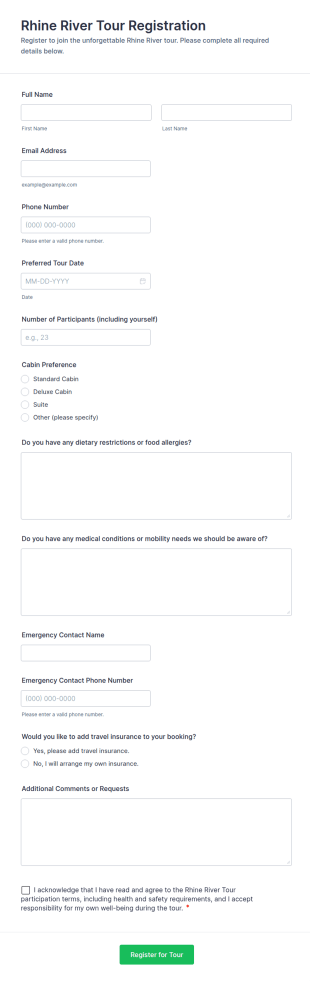 Rhine River Tour Registration Form Template