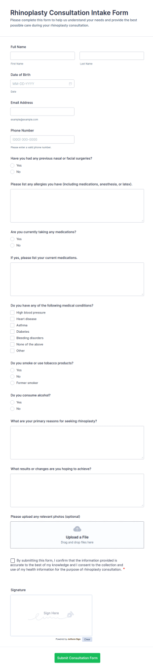 Rhinoplasty Consultation Intake Form Template