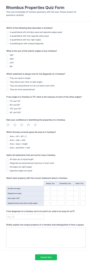 Rhombus Properties Quiz Form Template