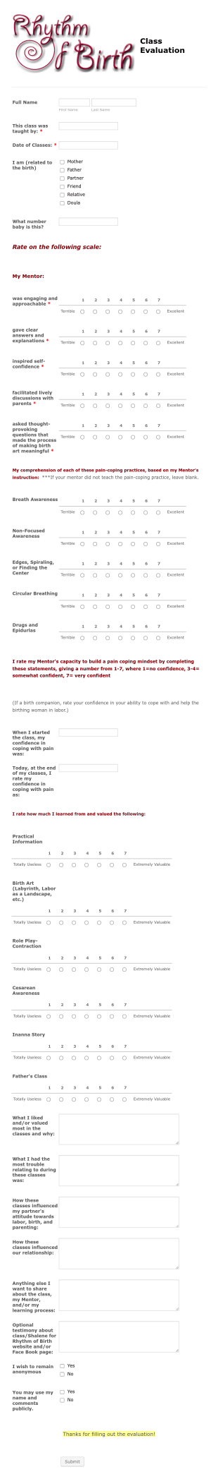 Rhythm Of Birth Class Evaluation Form Template