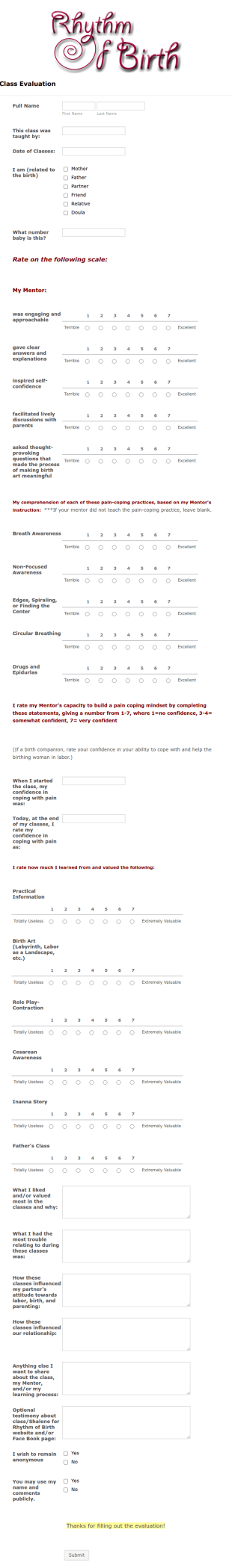 Rhythm Of Birth Class Evaluation Form Template