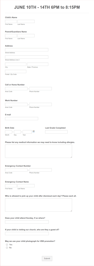 RIBC VBS Registration Form Template