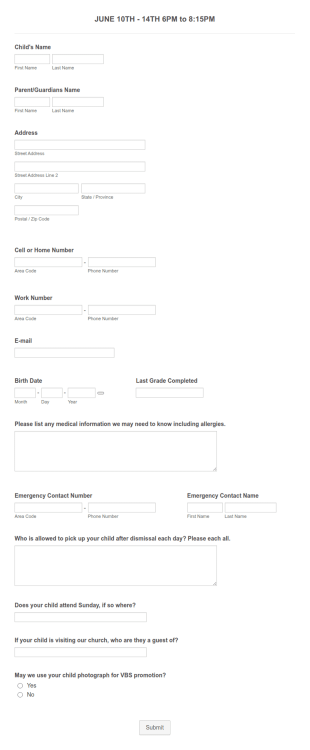 RIBC VBS Registration Form Template