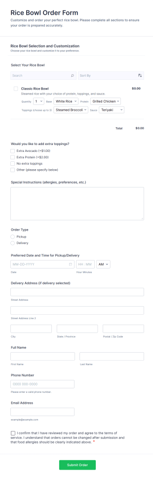 Rice Bowl Order Form Template