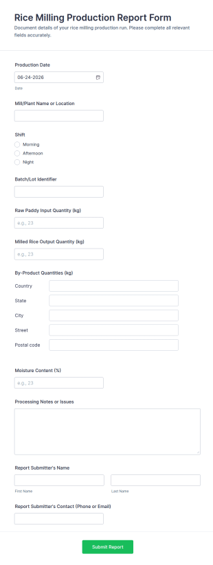 Rice Milling Production Report Form Template