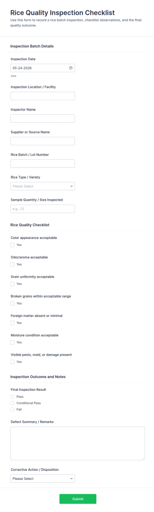 Rice Quality Inspection Checklist Form Template