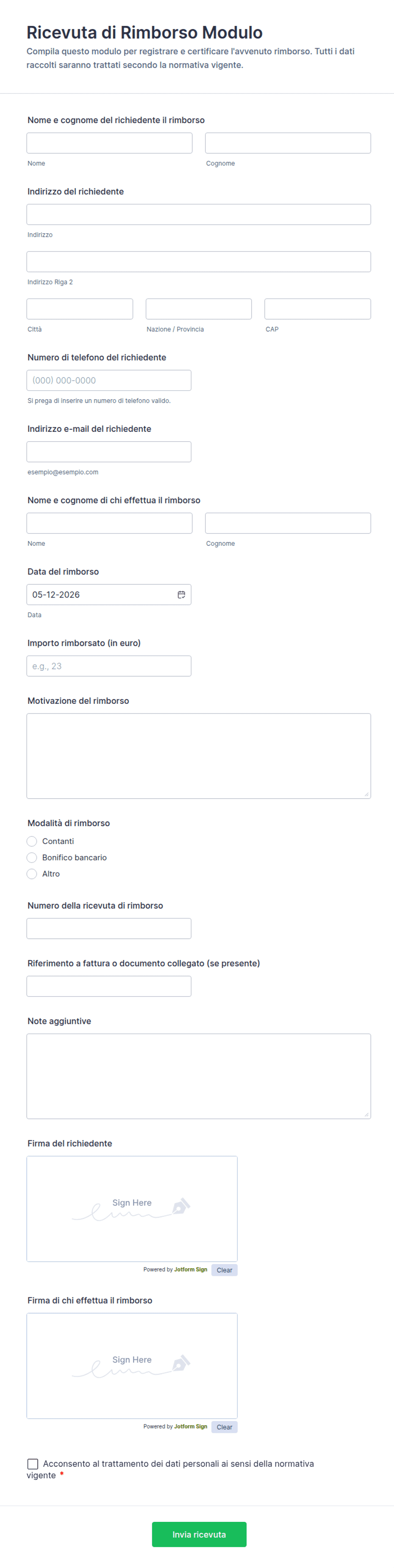 Ricevuta di Rimborso Modulo | Jotform