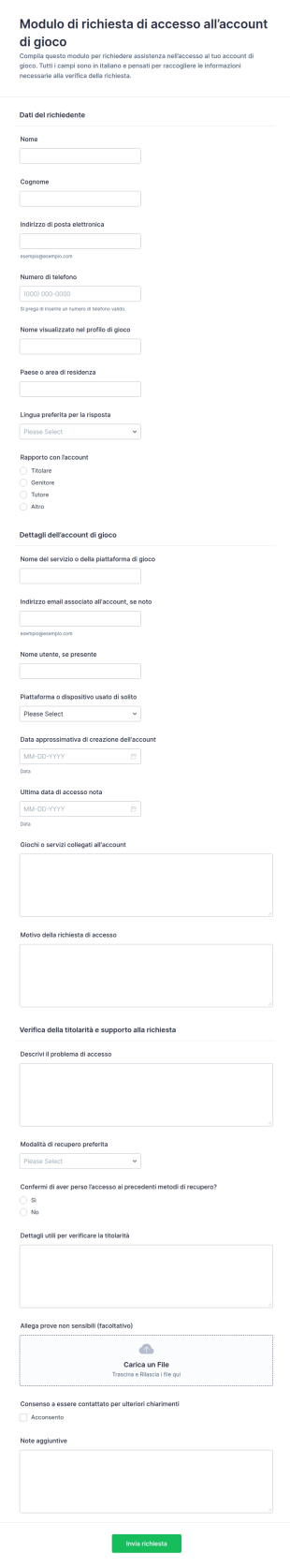 Richiesta Accesso Account Di Gioco