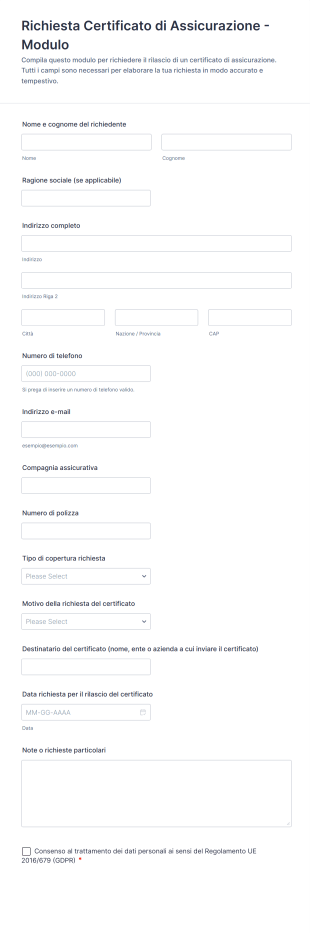 Richiesta Certificato Di Assicurazione Modulo