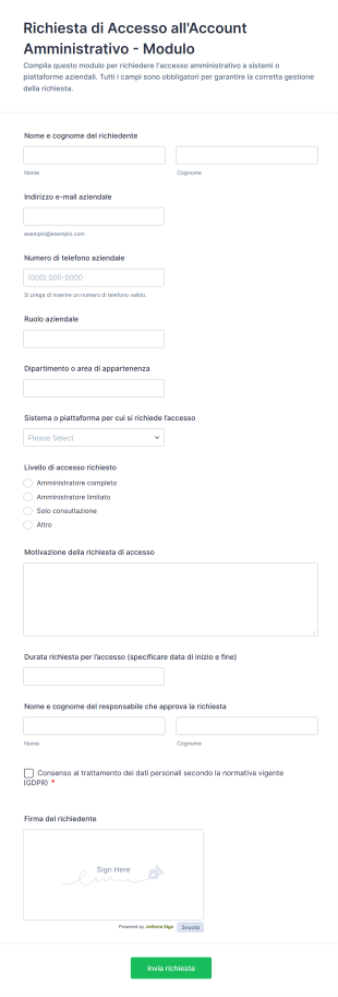 Richiesta Di Accesso All'Account Amministrativo Modulo