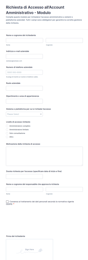 Richiesta Di Accesso All'Account Amministrativo Modulo