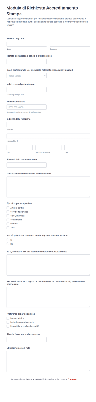 Richiesta Di Accreditamento Stampa Form