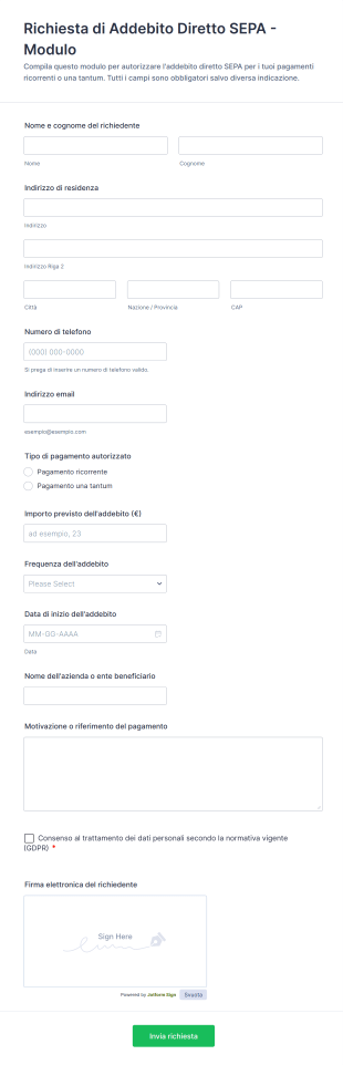 Richiesta Di Addebito Diretto SEPA Modulo