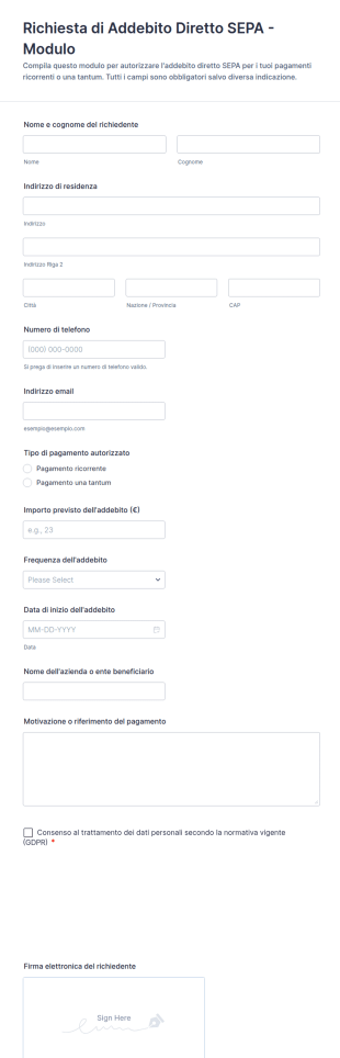 Richiesta Di Addebito Diretto SEPA Modulo