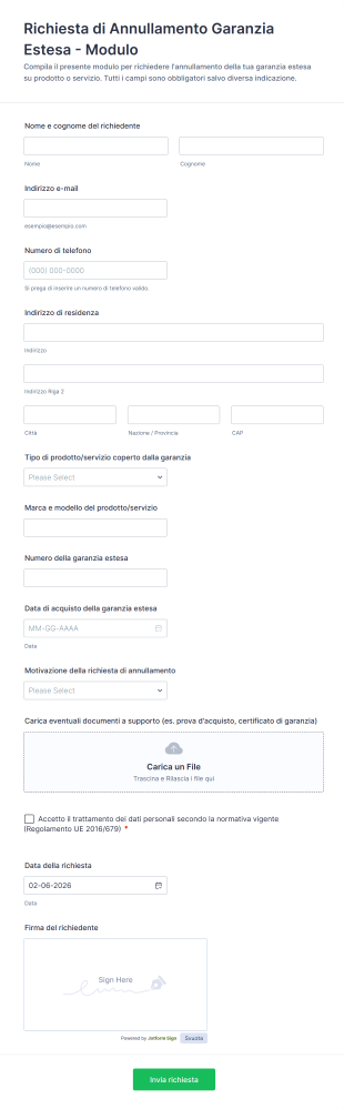 Richiesta Di Annullamento Garanzia Estesa Modulo