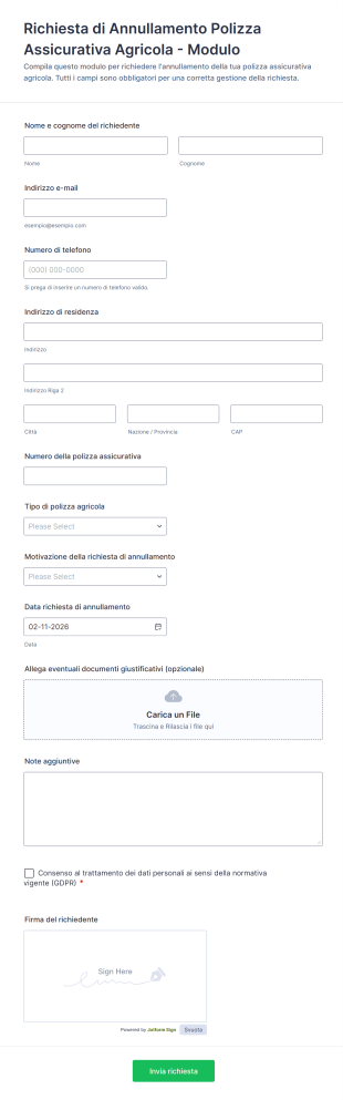 Richiesta Di Annullamento Polizza Assicurativa Agricola Modulo