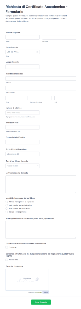 Richiesta Di Certificato Accademico Formulario