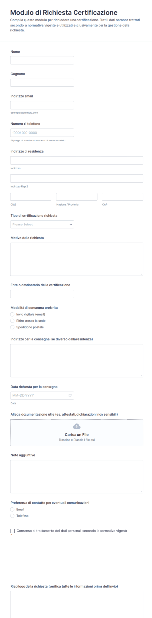 Richiesta Di Certificazione Form
