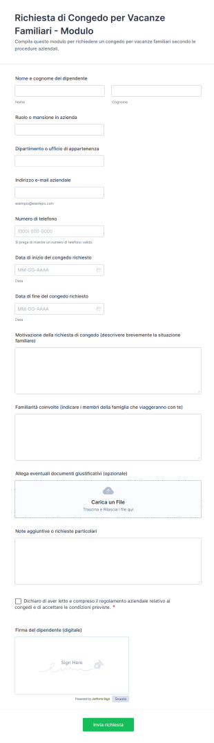 Richiesta Di Congedo Per Vacanze Familiari Modulo
